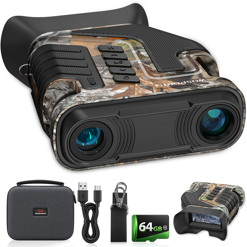 WOSPORTS Night Vision Binoculars, 10X Optical + 8X Digital Zoom  – 1300FT Range, 3'' Screen, Rechargeable, 64GB Card – Ideal for Bird Watching, Wildlife & Outdoor Photography