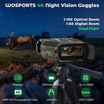 WOSPORTS 4K Night Vision Goggles– 10X Optical & 8X Digital Zoom, 1315FT Infrared Range, Rechargeable 5000mAh Battery, IPX Waterproof, Ideal for Camping