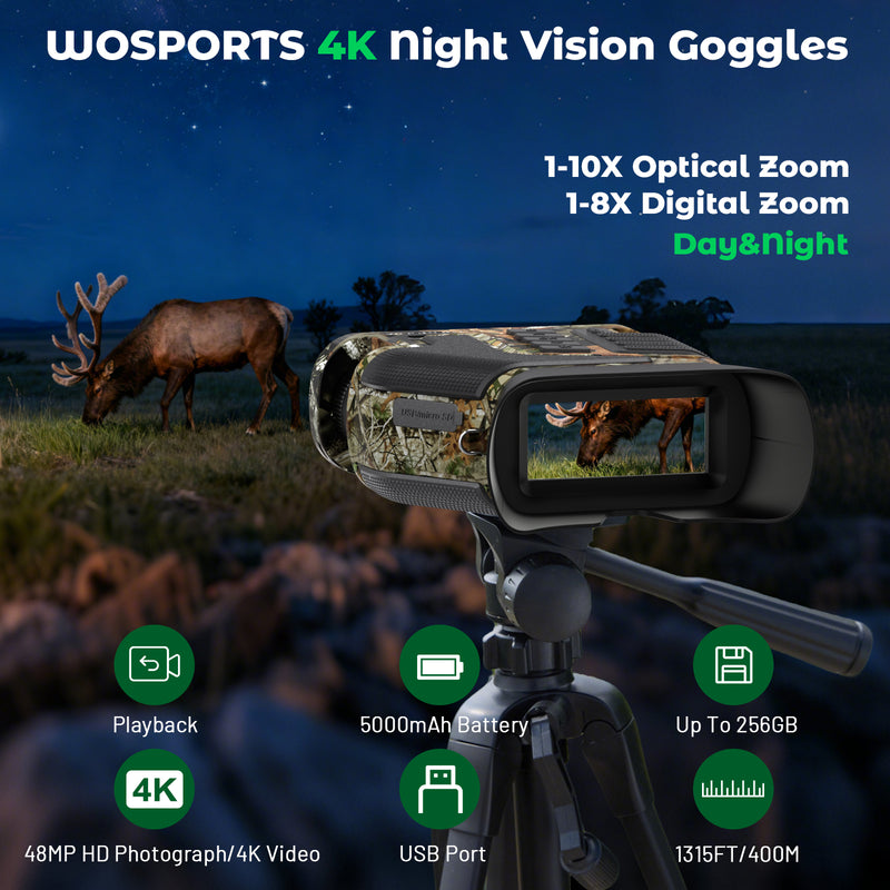 WOSPORTS 4K Night Vision Goggles– 10X Optical & 8X Digital Zoom, 1315FT Infrared Range, Rechargeable 5000mAh Battery, IPX Waterproof, Ideal for Camping