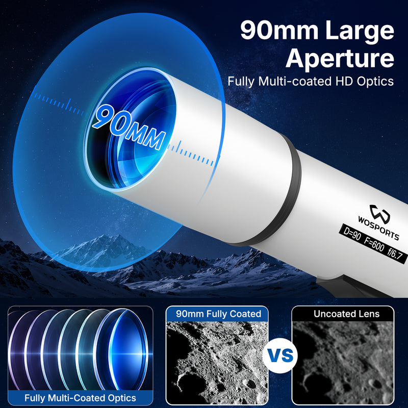 Telescope for Adults High Powered, 90mm Aperture Refractor Telescope，180X Magnification, Portable Professional Astronomy Telescopes for Beginners with Adjustable Tripod, Phone Adapter, Carry Bag