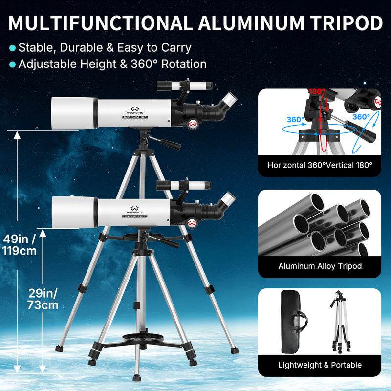 WOSPORTS Telescope for Adults High Powered, 90mm Aperture 600mm Astronomy Portable Professional Refractor Telescope for Beginners, Magnification 180X, with Adjustable Tripod, Phone Adapter, Carry Bag