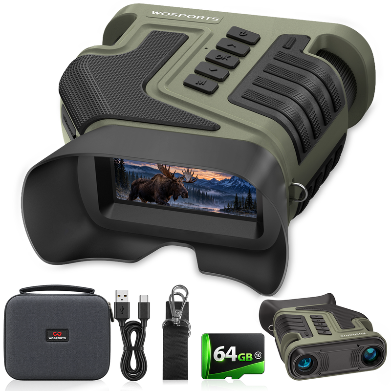WOSPORTS Night Vision Binoculars, 10X Optical + 8X Digital Zoom  – 1300FT Range, 3'' Screen, Rechargeable, 64GB Card – Ideal for Bird Watching, Wildlife & Outdoor Photography