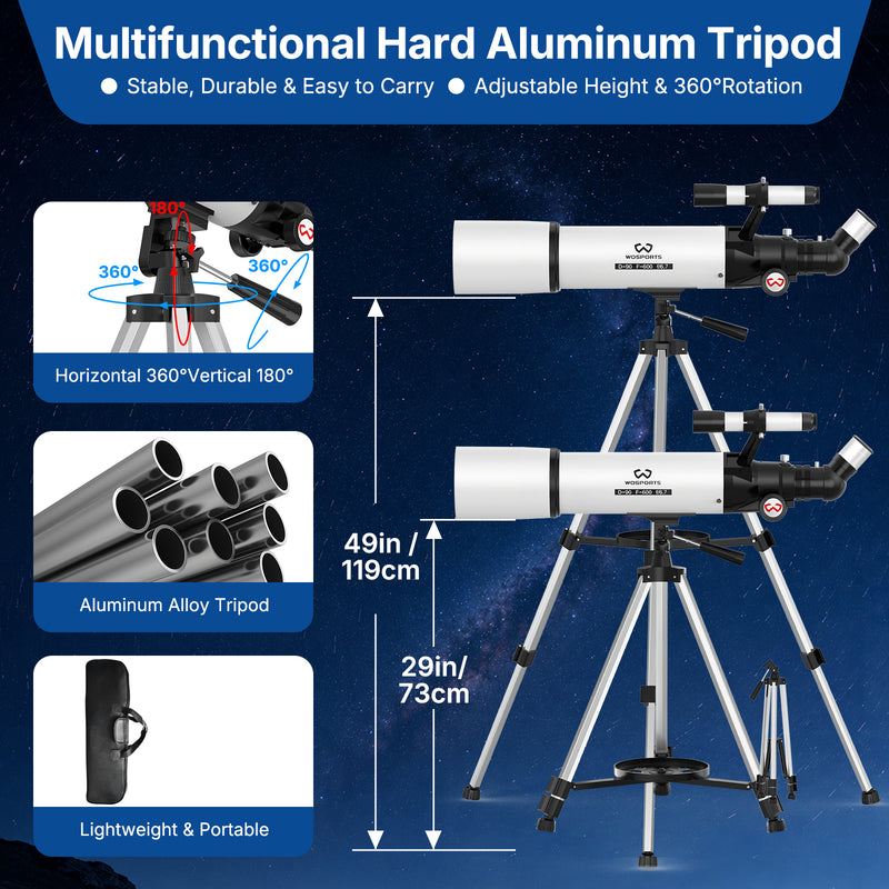 Telescope for Adults High Powered, 90mm Aperture Refractor Telescope，180X Magnification, Portable Professional Astronomy Telescopes for Beginners with Adjustable Tripod, Phone Adapter, Carry Bag