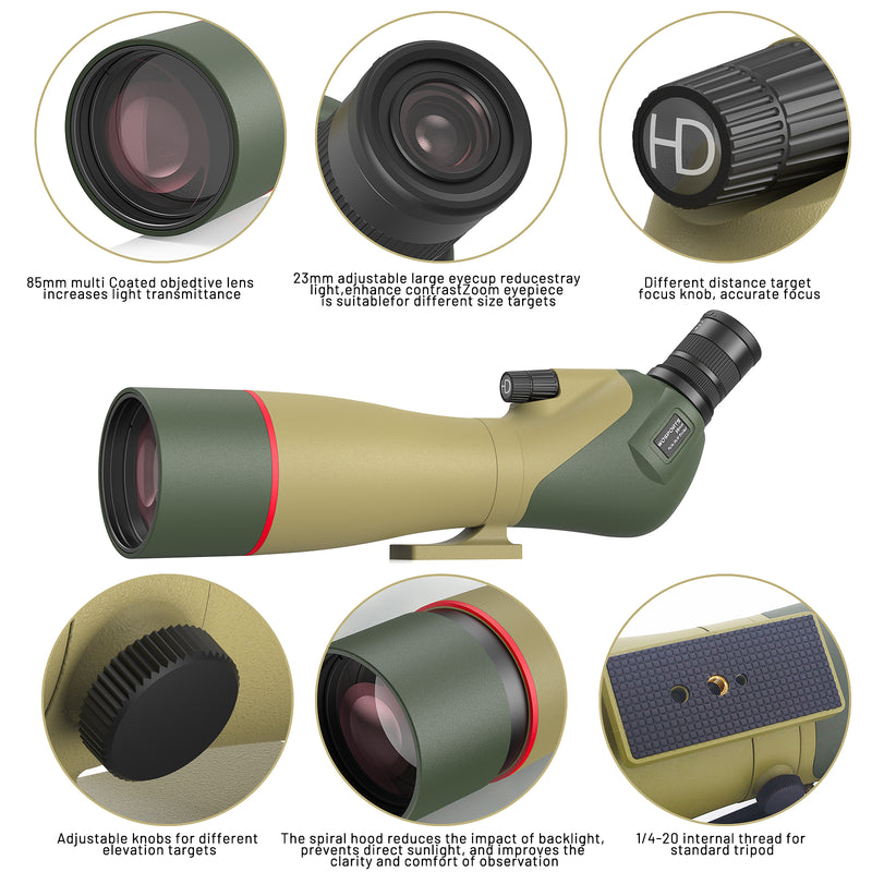 WOSPORTS 25-75x85 Spotting Scope with Tripod for Target Shooting Waterproof Spotter Scope with Phone Adapter, Carrying Bag - BAK4 for Wildlife Viewing, Bird Watching, Upgraded Version
