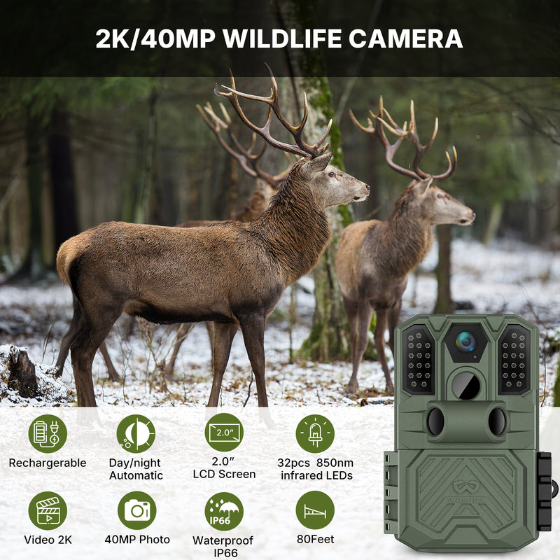 WOSODA Rechargeable Trail Camera,40MP 2K Game Cam with 6000mAh Lithium Battery,0.2s Trigger Night Vision Motion Activated,IP66 Waterproof 120° Wide Lens 2.0” LCD Wildlife Camera,Outdoor Scouting