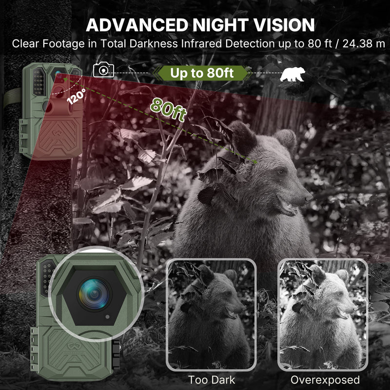 WOSODA Rechargeable Trail Camera,40MP 2K Game Cam with 6000mAh Lithium Battery,0.2s Trigger Night Vision Motion Activated,IP66 Waterproof 120° Wide Lens 2.0” LCD Wildlife Camera,Outdoor Scouting