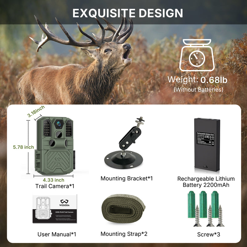 WOSODA Rechargeable Trail Camera,40MP 2K Game Cam with 6000mAh Lithium Battery,0.2s Trigger Night Vision Motion Activated,IP66 Waterproof 120° Wide Lens 2.0” LCD Wildlife Camera,Outdoor Scouting